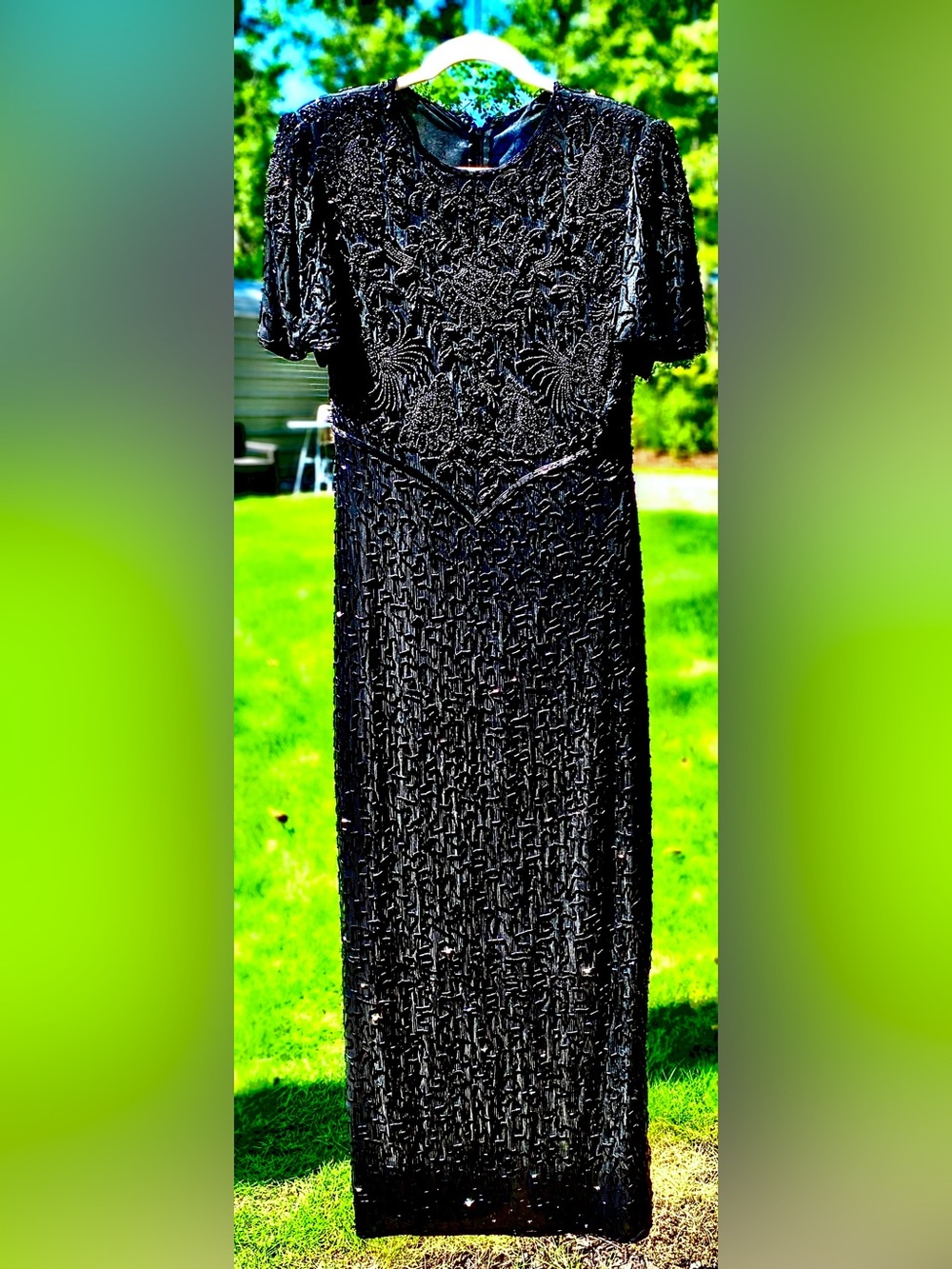 Laurence Kazar Vintage Exquisite Black Beaded Evening Gown Dress 100% Silk
